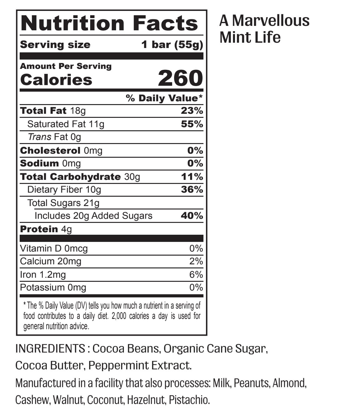 Ingredient list for A Marvellous Mint Life - 64% Dark Peppermint Chocolate