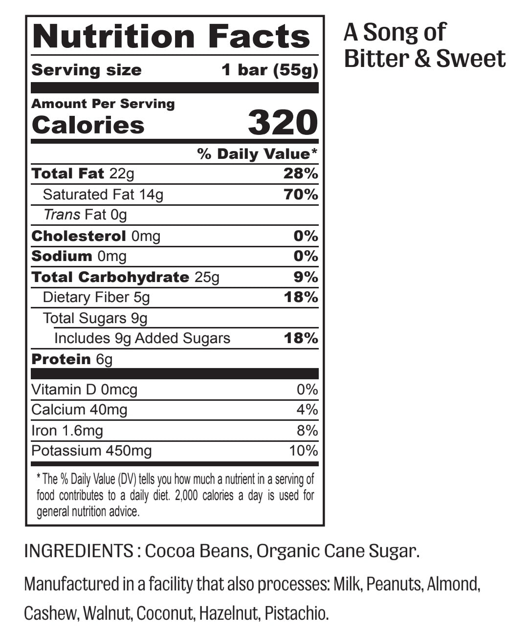 Nutrition facts for A Song of Bitter and Sweet - 82% Dark Chocolate