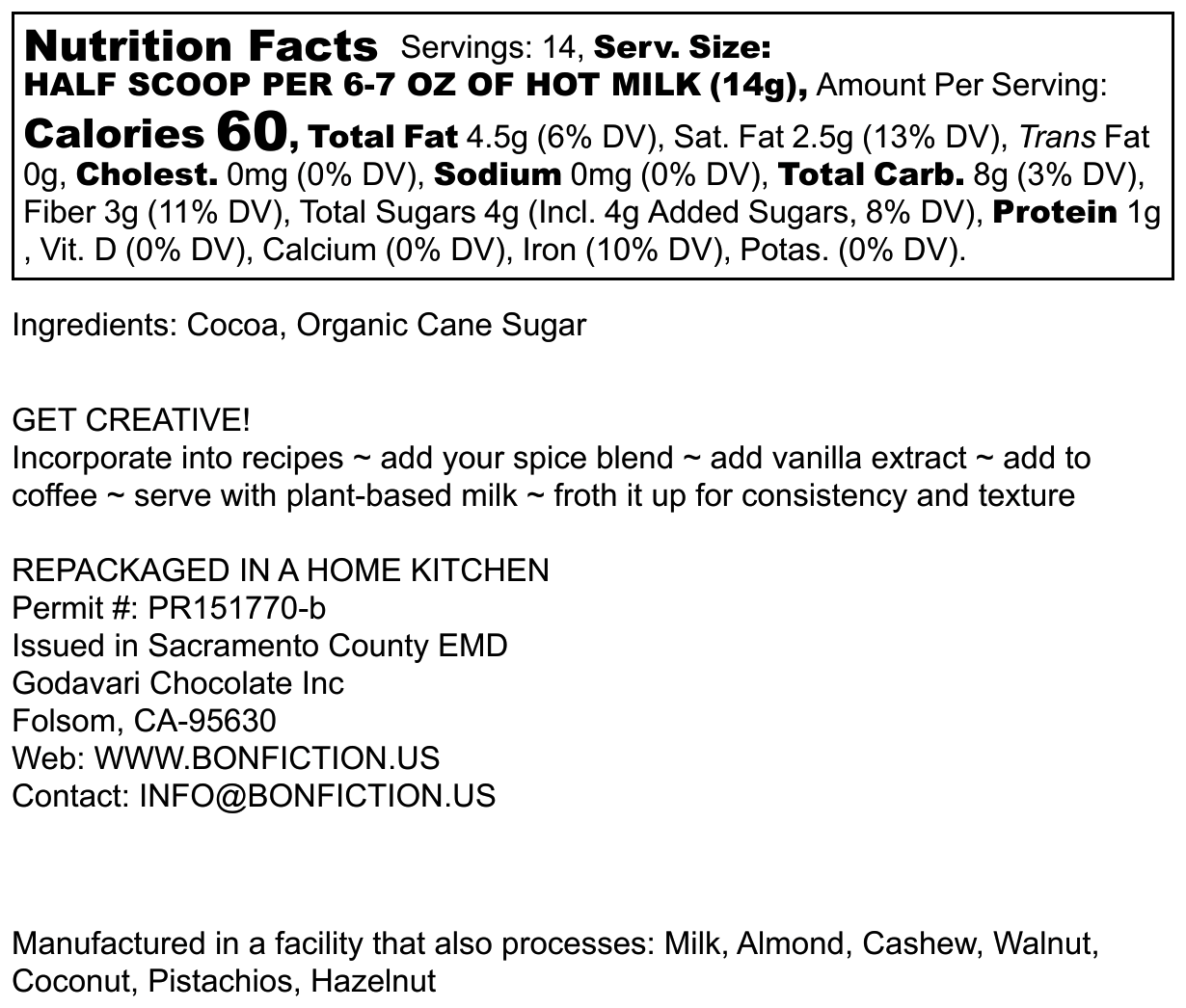 Nutrition facts for Hot Cocoa Mix - 70% Cocoa