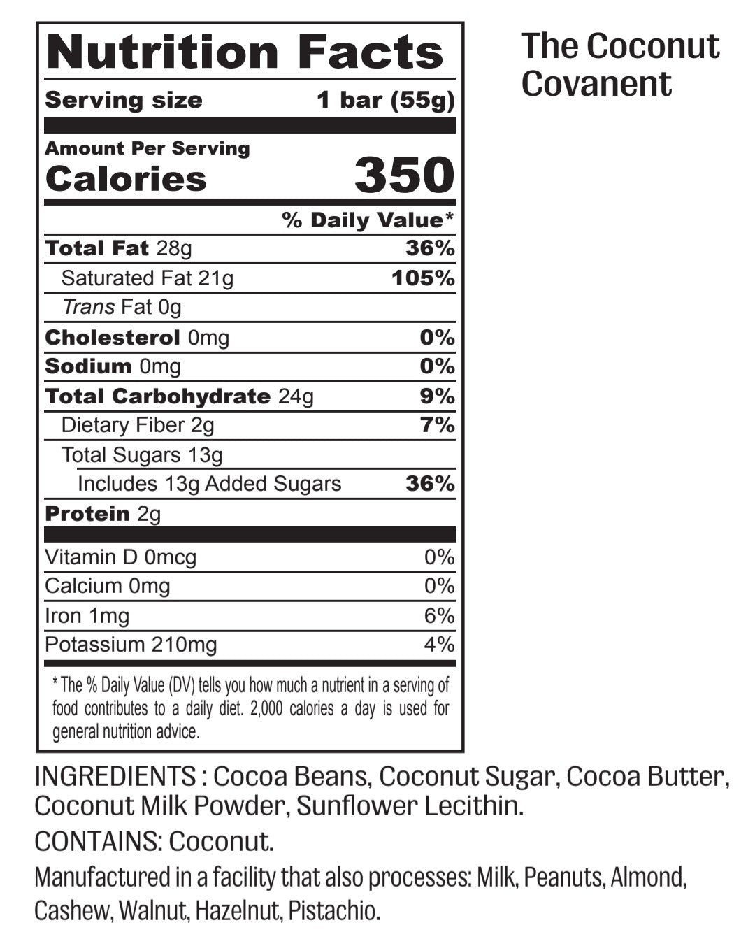 Nutrition facts for The Coconut Covenant- 55% Coconut Mylk and Coconut Sugar