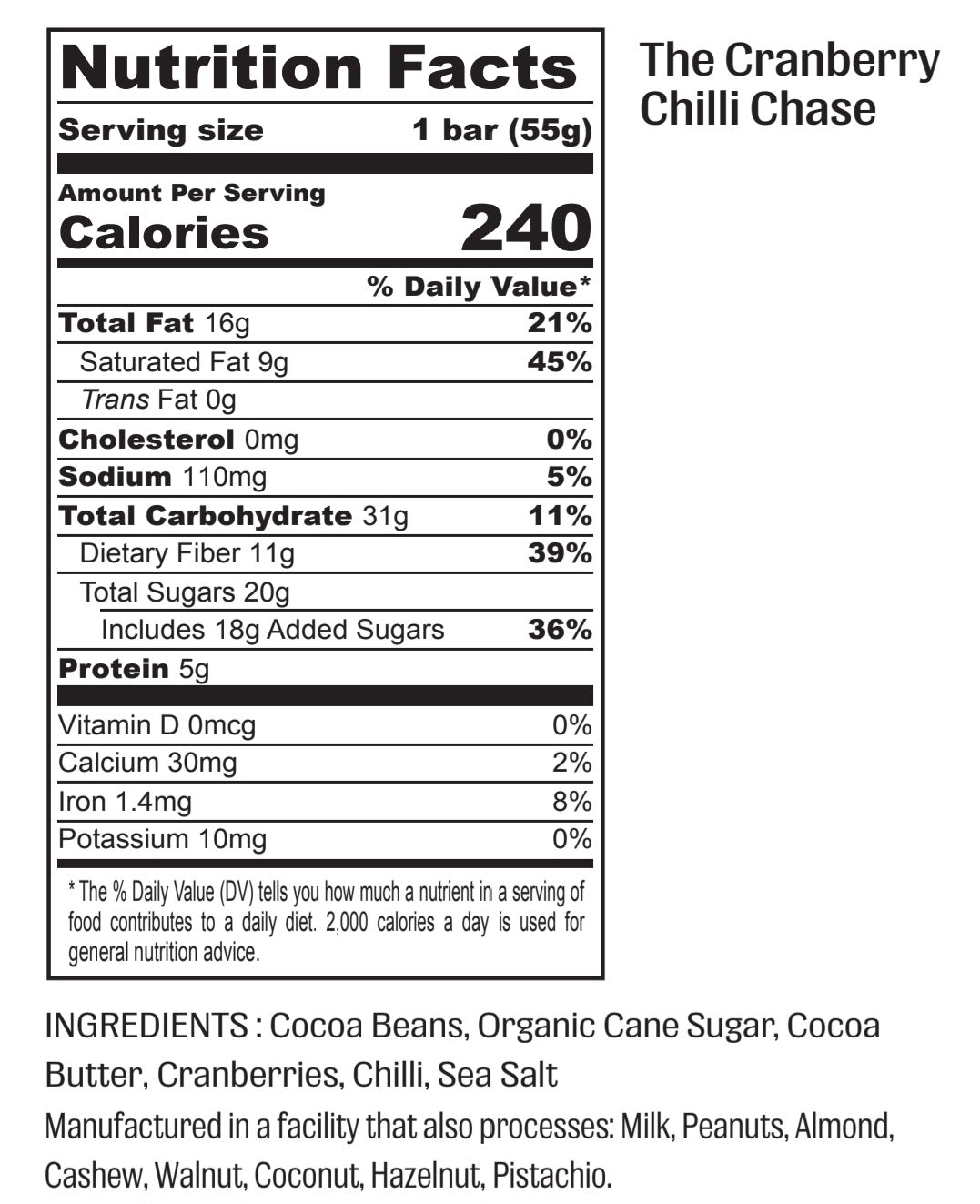Nutrition facts for The Cranberry Chilli Chase - 64% Dark Cranberry Chilli Chocolate
