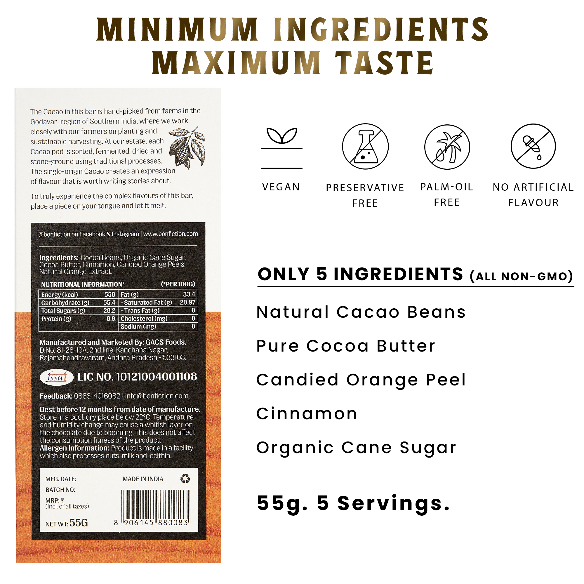 Ingredient list for Lost In An Orange Haze - 64% Dark Orange Cinnamon Chocolate