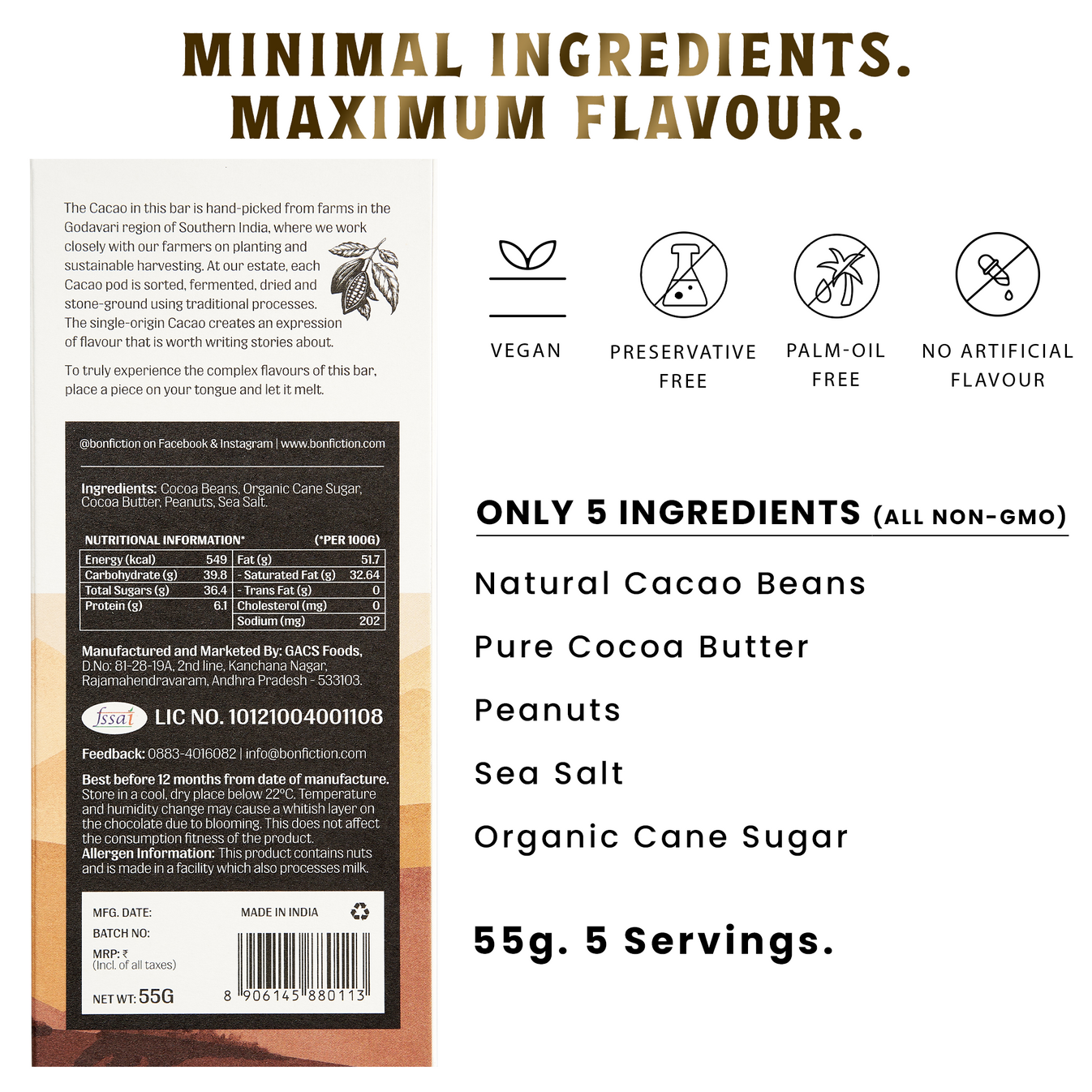Nutrition facts for Of Open Roads and Peanut Hills - 64% Peanut Dark Chocolate