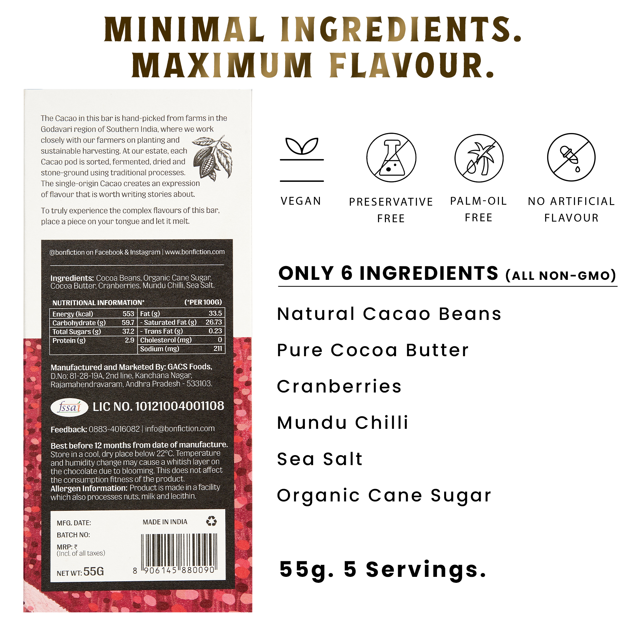 Ingredient list for The Cranberry Chilli Chase - 64% Dark Cranberry Chilli Chocolate