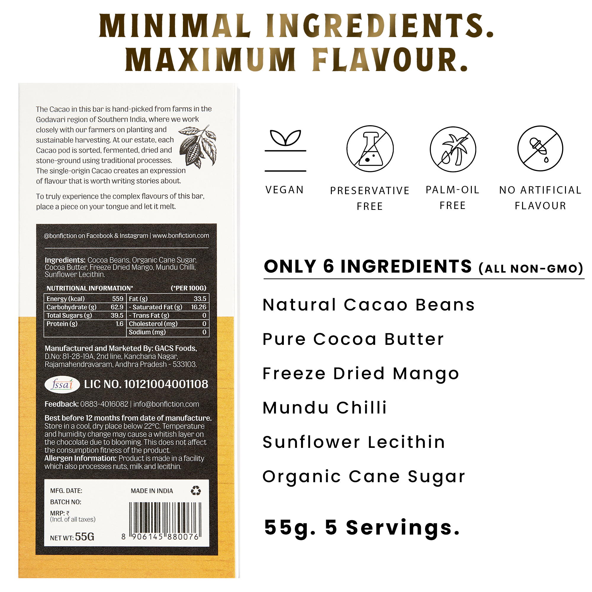 Ingredient list for The Mango Menace - 55% Dark Alphonso Mango Chilli Chocolate